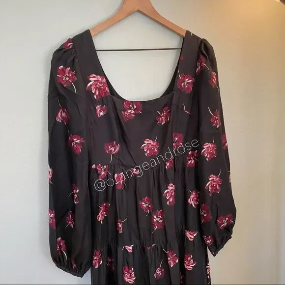 NICHOLAS Black Pink Floral Square Neck Long Balloon Sleeve Silk Maxi Dress 6 - Picture 13 of 14